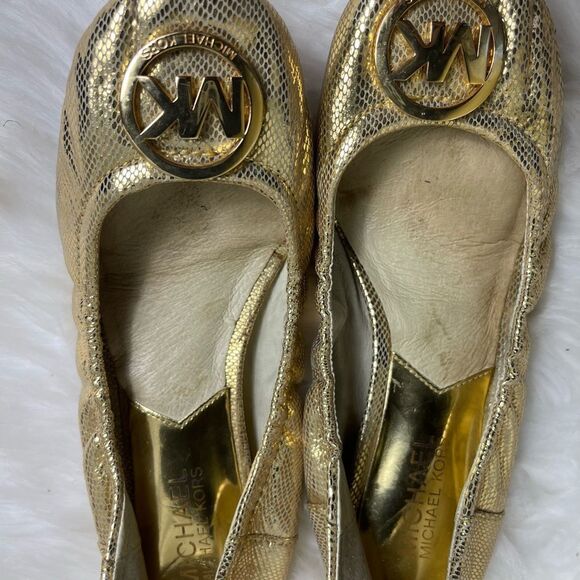 Michael Kors leather Gold python embossed flats ballerina logo embellish… - Picture 3 of 9